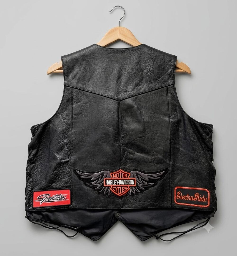 Interstate Leather Y2K Biker Vest Jacket Mens 3XL Black Harley Wing Patches Moto